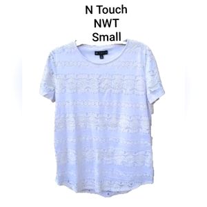 NWT N Touch Blouse lace Overlay White Pure Neck Round Short sleeves Size Small